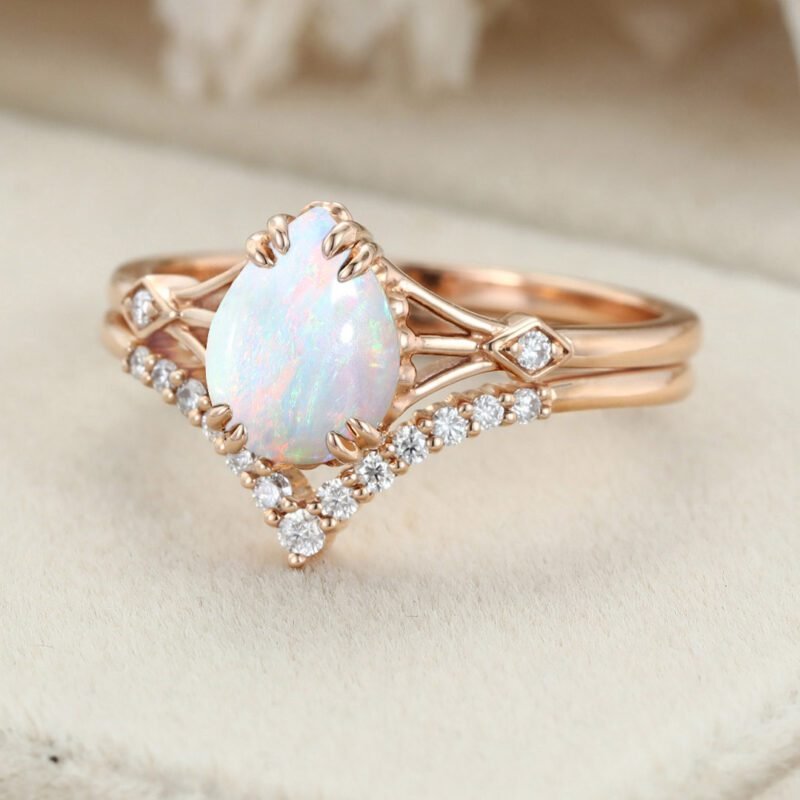 Pear shaped Opal engagement ring set Vintage rose gold engagement ring Moissanite Bridal set art deco Anniversary gift for women