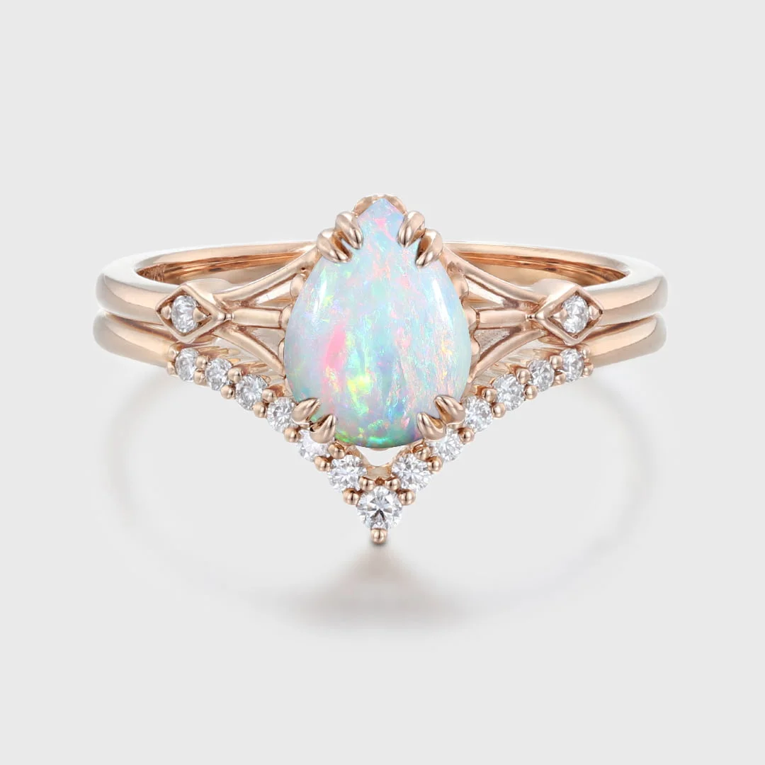 Vintage Pear Natural Opal Wedding Ring Set,Unique bridal Ring Anniversary Promise,October Birthstone Engagement Gift For Wife, top Proposal Ring