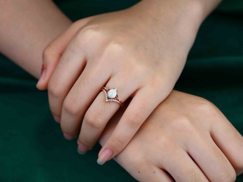 Pear shaped Opal engagement ring set Vintage rose gold engagement ring Moissanite Bridal set art deco Anniversary gift for women