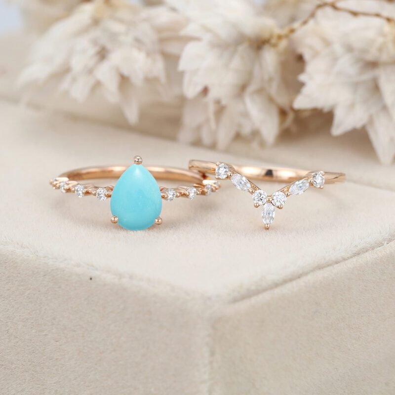 Pear shaped Turquoise engagement ring set Rose gold moissanite engagement ring curved wedding band Bridal Anniversary gift