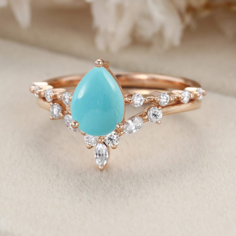 Pear shaped Turquoise engagement ring set Rose gold moissanite engagement ring curved wedding band Bridal Anniversary gift