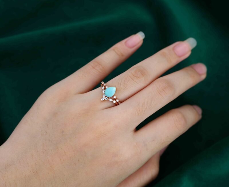 Pear shaped Turquoise engagement ring set Rose gold moissanite engagement ring curved wedding band Bridal Anniversary gift