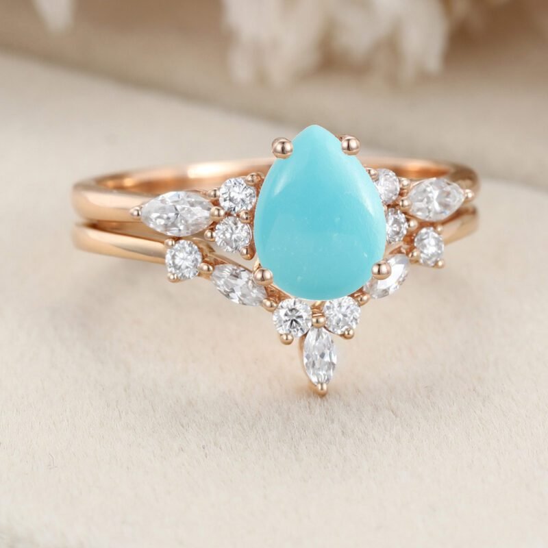 Pear shaped Turquoise engagement ring set Vintage Rose gold moissanite ring Unique marquise diamond wedding ring Bridal set Anniversary