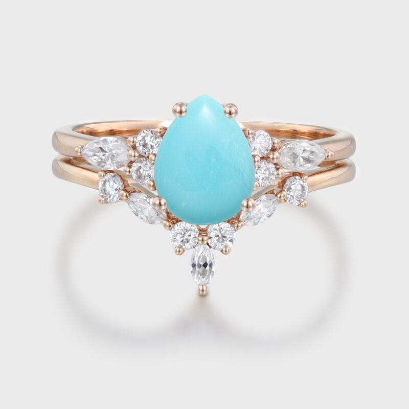 Pear Shaped Turquoise Promise Ring Set Vintage 14k Rose Gold Wedding Ring Bridal Set Anniversary
