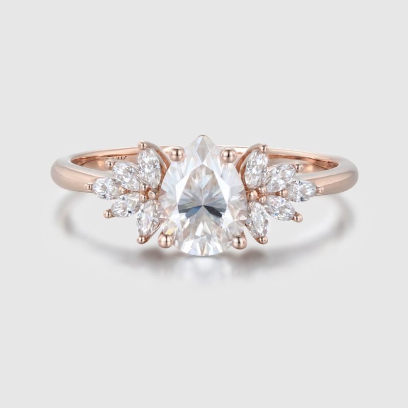 Pear shaped Unique Moissanite engagement ring Vintage Rose gold Cluster engagement ring Art Deco marquise ring Bridal Promise Anniversary