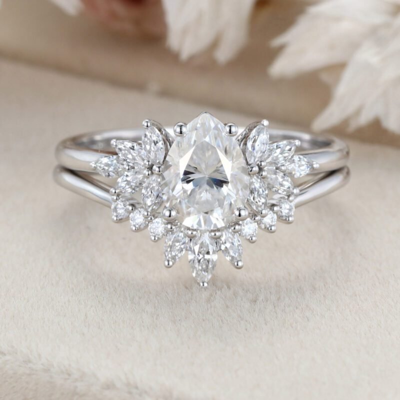 Pear shaped moissanite engagement ring set Vintage White gold marquise Cluster diamond unique curve matching Wedding Anniversary gift for her