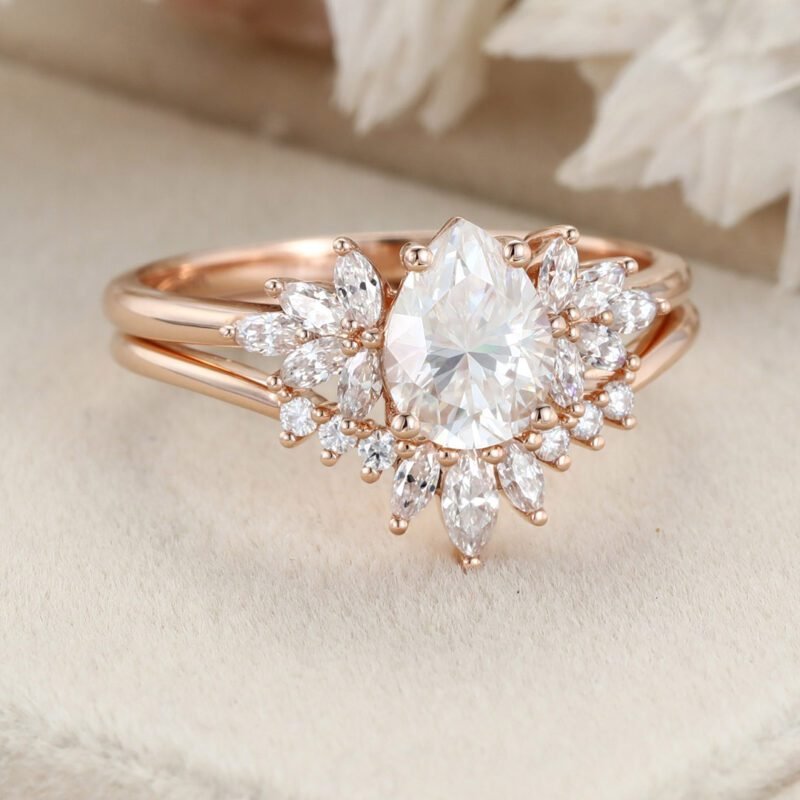 Pear shaped moissanite engagement ring set vintage rose gold marquise Cluster diamond unique curve matching Wedding Anniversary gift for her