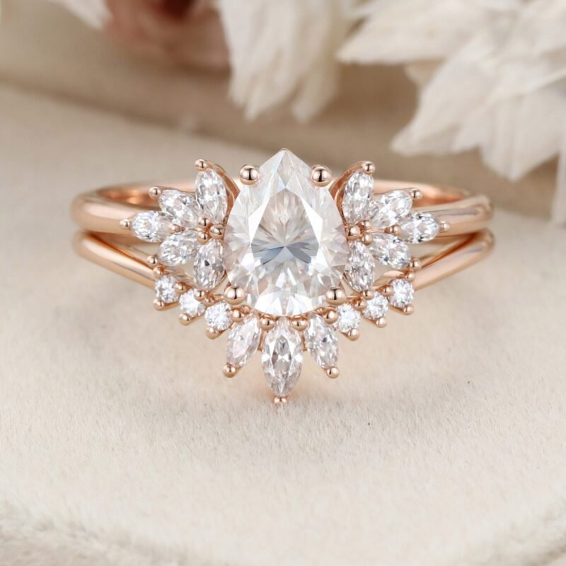 Pear shaped moissanite engagement ring set vintage rose gold marquise Cluster diamond unique curve matching Wedding Anniversary gift for her