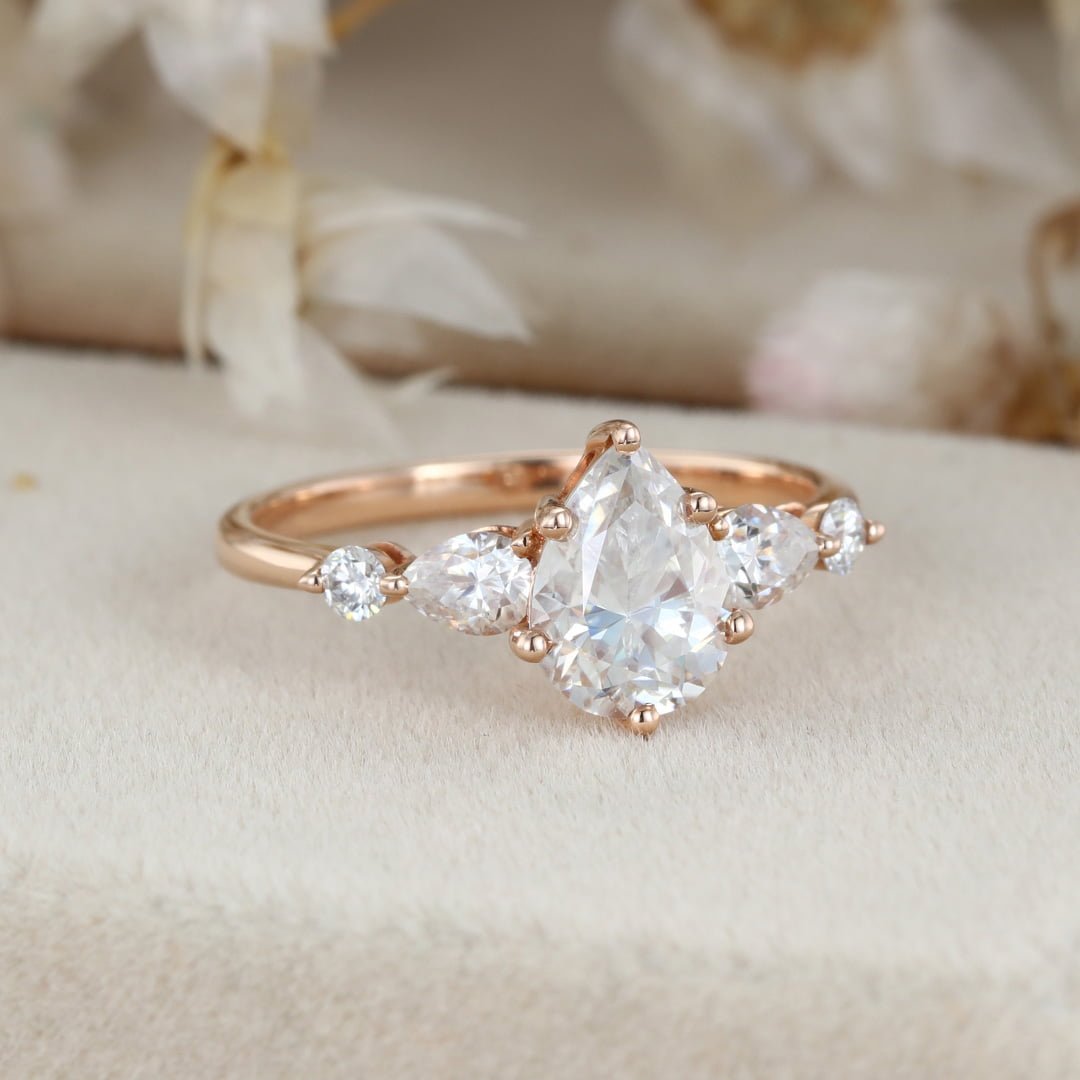 14K Rose Gold Pear Shaped Moissanite Ring Wedding Ring Women Leaf Ring  Bridal Anniversary Gift