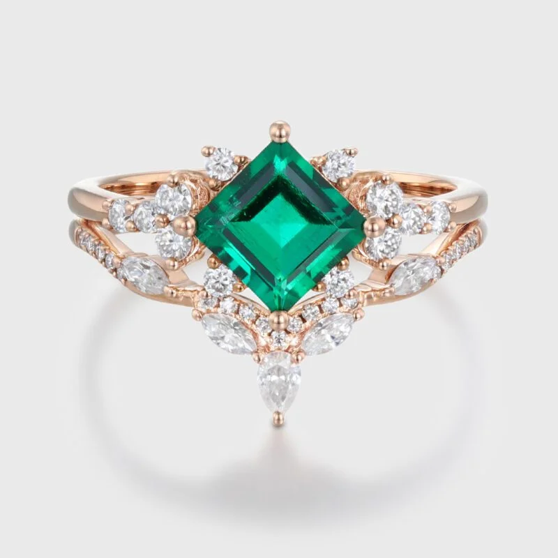 Princess Cut Lab-Grown Emerald Engagement Ring Set 14K Solid Gold Wedding Ring