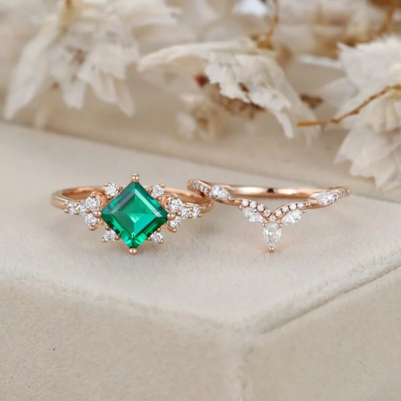 Princess Cut Lab-Grown Emerald Engagement Ring Set 14K Solid Gold Wedding Ring