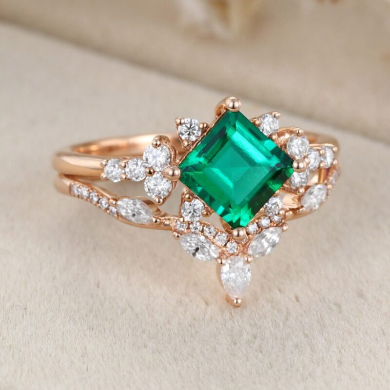 Princess Cut Lab-Grown Emerald Engagement Ring Set 14K Solid Gold Wedding Ring