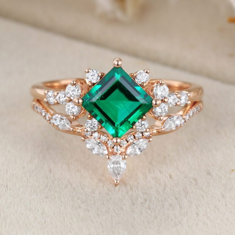 Princess Cut Lab-Grown Emerald Engagement Ring Set 14K Solid Gold Wedding Ring