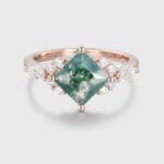 Princess Cut Moss Agate and Diamond Engagement Ring in 14K Rose Gold - Bridal Wedding Promise Anniversary Gift