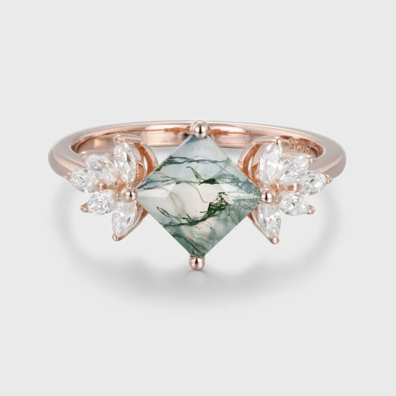 Princess Cut Natural Moss Agate Engagement Ring Vintage 14K Rose Gold Marquise Cut Diamond Wedding Ring