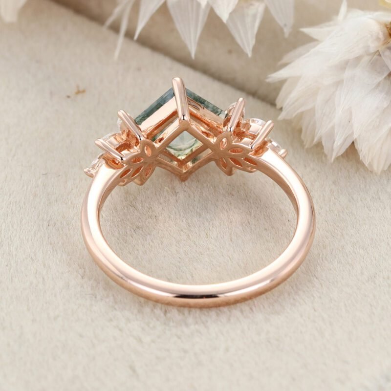 Princess Cut Natural Moss Agate Engagement Ring Vintage 14K Rose Gold Marquise Cut Diamond Wedding Ring
