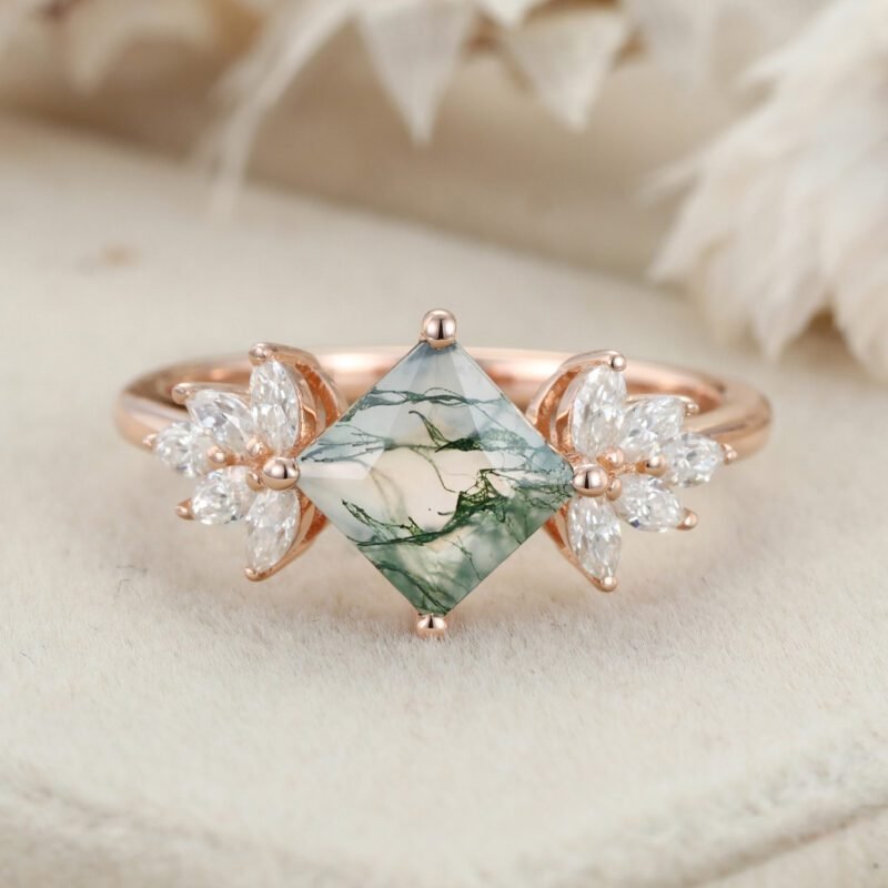 Princess Cut Natural Moss Agate Engagement Ring Vintage 14K Rose Gold Marquise Cut Diamond Wedding Ring