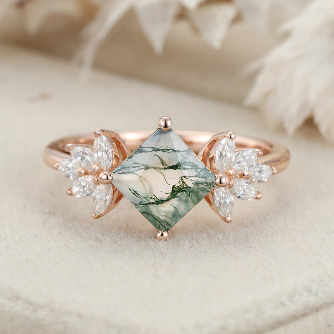 Princess Cut Natural Moss Agate Engagement Ring Vintage 14K Rose Gold -  Oveela Jewelry