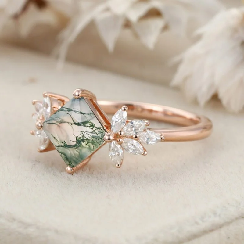 Princess Cut Natural Moss Agate Engagement Ring Vintage 14K Rose Gold Marquise Cut Diamond Wedding Ring