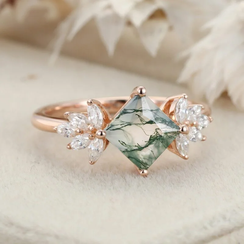 Princess Cut Natural Moss Agate Engagement Ring Vintage 14K Rose Gold Marquise Cut Diamond Wedding Ring