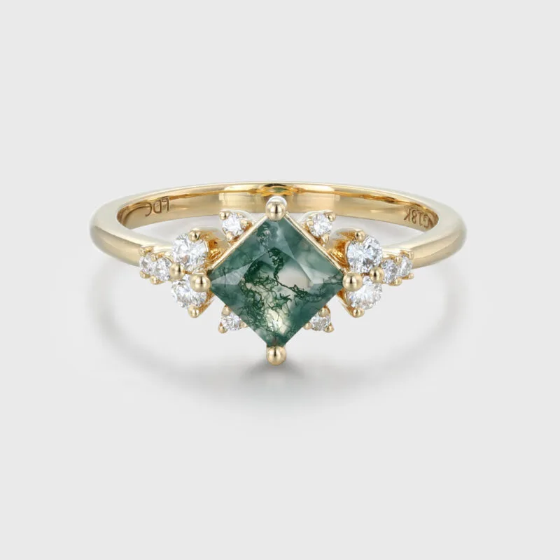 Princess Cut Vintage Moss Agate Promise Ring, 14K Yellow Gold Unique Diamond Bridal Wedding Ring