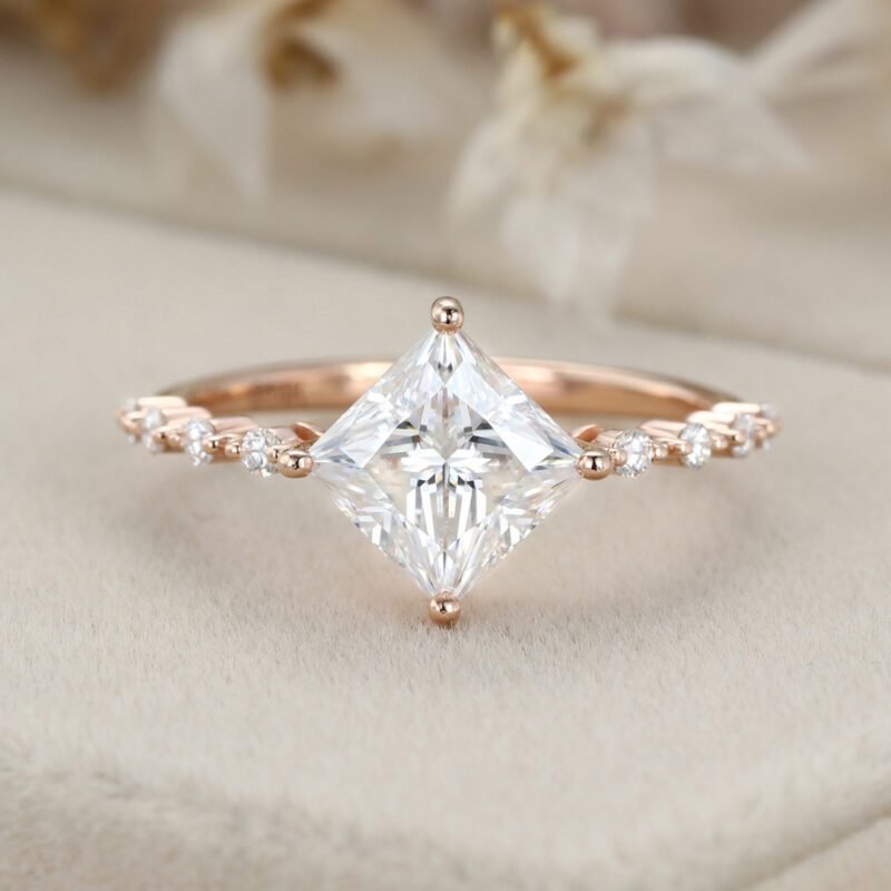 Princess cut moissanite engagement ring Unique Rose gold engagement ring vintage art deco diamond ring women Bridal Promise ring Anniversary