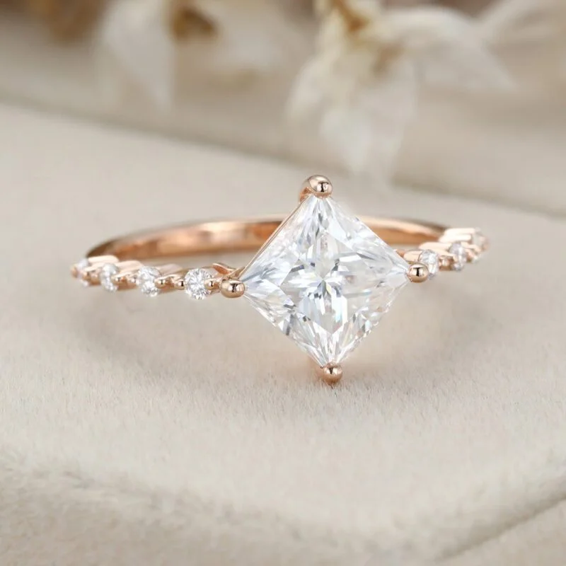 Princess cut moissanite engagement ring Unique Rose gold engagement ring vintage art deco diamond ring women Bridal Promise ring Anniversary