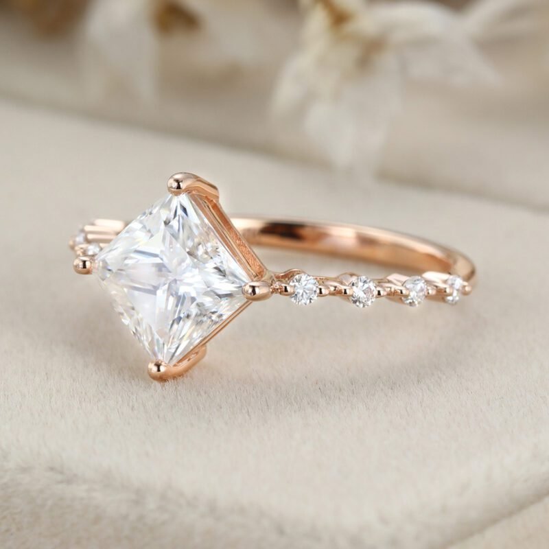 Princess cut moissanite engagement ring Unique Rose gold engagement ring vintage art deco diamond ring women Bridal Promise ring Anniversary
