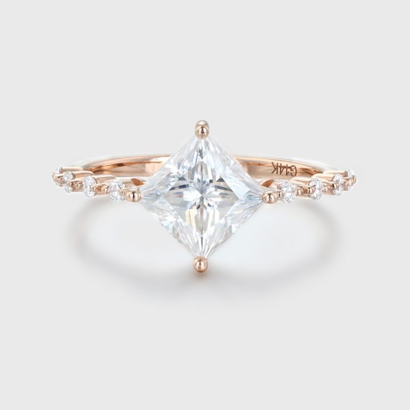 Unique Princess Cut Moissanite Engagement Ring In 14k Rose Gold