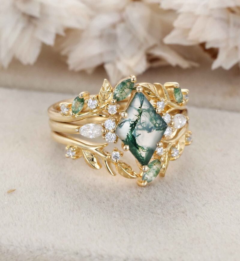 Rhomboid cut Moss Agate Engagement Ring Set Nature Inspired Leaf Moss Agate Ring Enhancer Moissanite Wedding Ring Set Custom Promise Ring Set