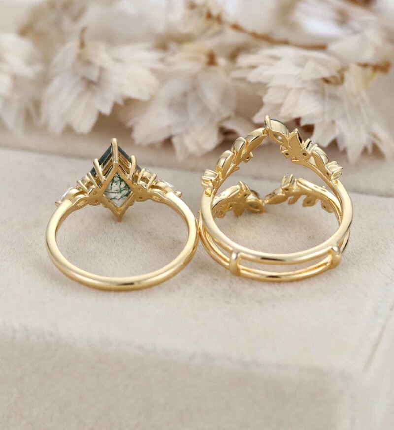 Rhomboid cut Moss Agate Engagement Ring Set Nature Inspired Leaf Moss Agate Ring Enhancer Moissanite Wedding Ring Set Custom Promise Ring Set