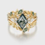 Rhomboid Cut Nature Inspired Leaf Moss Agate and Diamond Wedding Ring Set, Custom Promise Ring Set