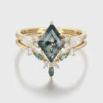 Rhombus Cut Moss Agate Engagement Ring Set - Vintage Moss Agate and Marquise Diamond Bridal Wedding Ring Set