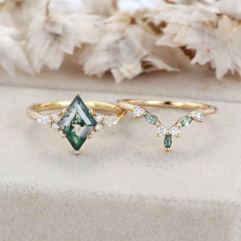 Rhombus Cut Moss Agate Engagement Ring Set Vintage Moss Agate Ring Set Marquise Moissanite/Green Moss Ring Bridal Set