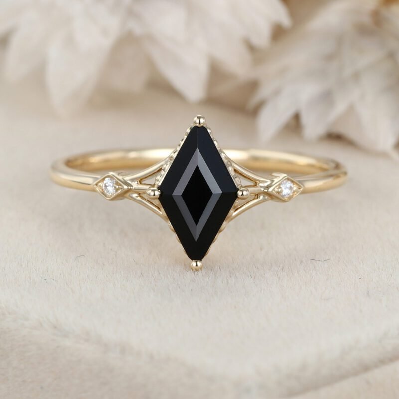 Rhombus cut Black onyx engagement ring 14K Yellow gold Moissanite engagement ring Diamond ring Vintage Bridal promise Anniversary gift