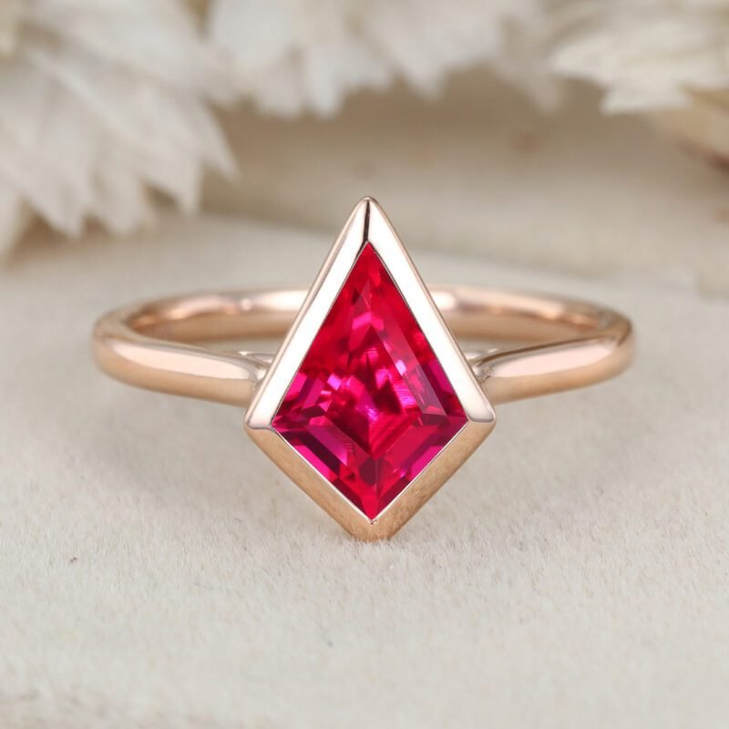 Rose Gold Bezel Ruby Engagement Ring 1.5ct Kite Cut Lab Ruby Ring July Birthstone Ring