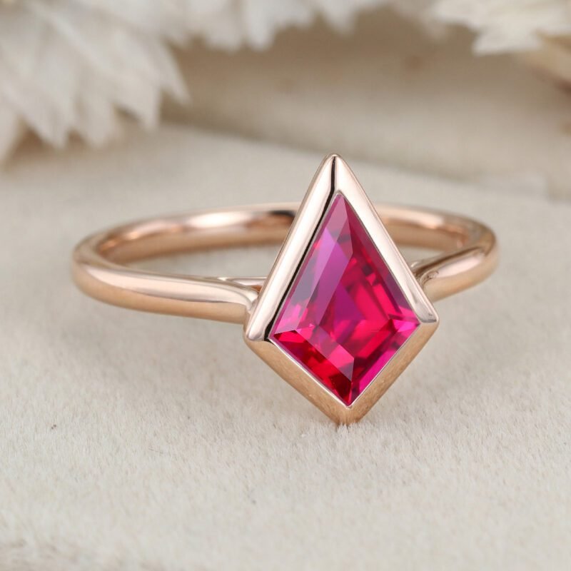 Rose Gold Bezel Ruby Engagement Ring 1.5ct Kite Cut Lab Ruby Ring July Birthstone Ring