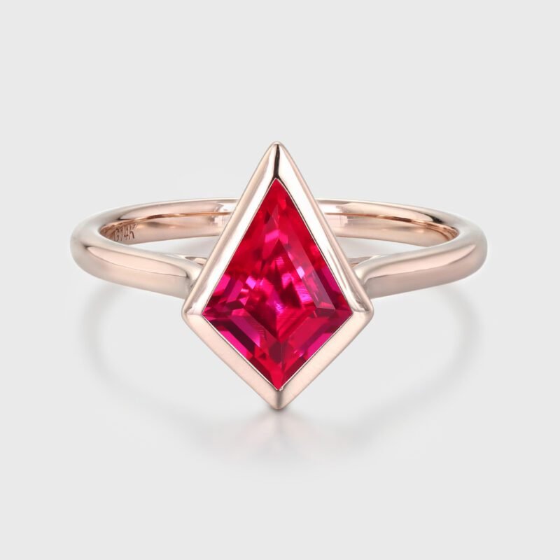 1.5 Carat Kite Cut Lab Grown Ruby Bezel Ring July Birthstone Ring 14K Rose Gold