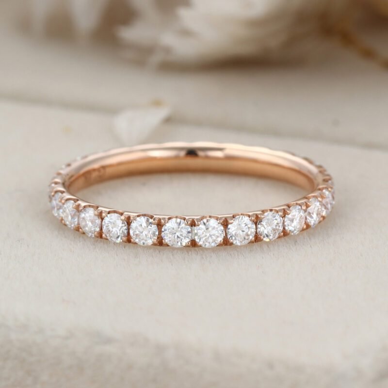 Rose Gold Round Moissanite Diamond Wedding Band, stack-able Half Eternity Engagement Bridal Ring For set promise ring Anniversary gift
