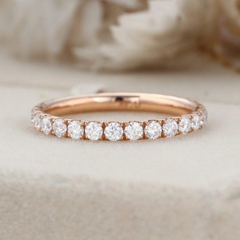 Rose Gold Round Moissanite Diamond Wedding Band, stack-able Half Eternity Engagement Bridal Ring For set promise ring Anniversary gift