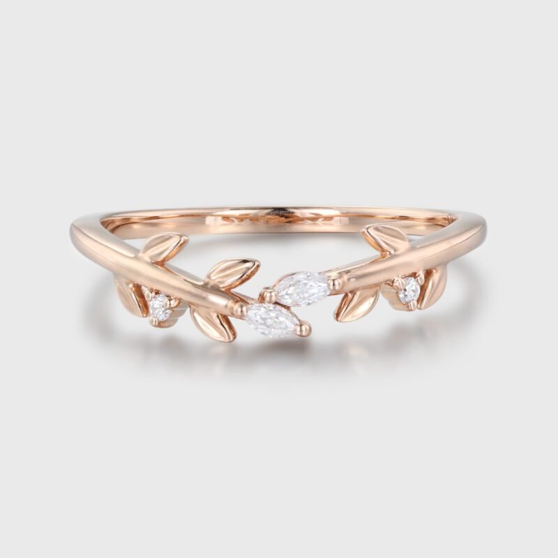 Rose gold wedding band Unique Vintage diamond wedding band Curved Marquise moissanite wedding ring leaf ring Bridal promise Anniversary gift