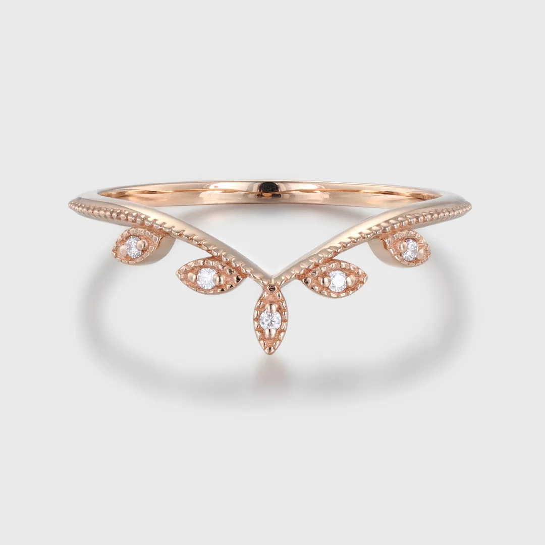 Curved Diamond wedding band Unique leaf ring Rose gold wedding band vintage matching wedding Stacking vine popular ring dainty ring gift for women