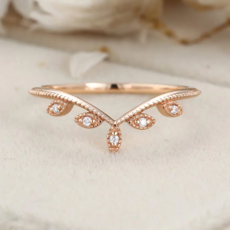 Rose gold wedding band Vintage curved diamond wedding band Floral Leaf ring stacking matching ring Bridal Promise Anniversary gift for women
