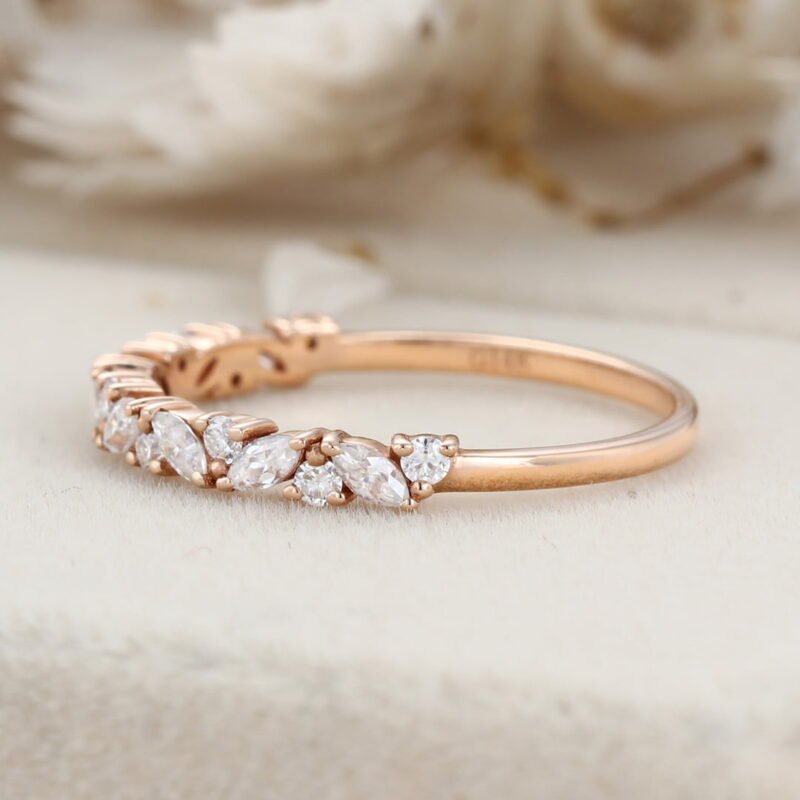 Rose gold wedding band women half eternity Marquise Moissanite wedding band vintage Matching Unique Bridal Stacking Promise gift for women