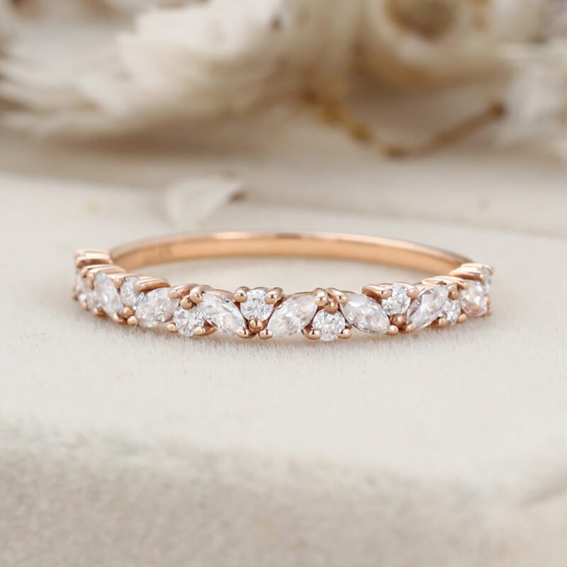 Rose gold wedding band women half eternity Marquise Moissanite wedding band vintage Matching Unique Bridal Stacking Promise gift for women