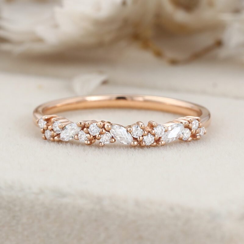 Rose gold wedding band women half eternity Marquise Moissanite wedding band vintage Matching Unique Bridal Stacking Promise gift for women