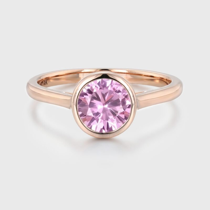 Round Cut Bezel Pink Sapphire Engagement Ring Unique Pink Sapphire Ring Solitaire Wedding Ring Art Deco Minimalist Ring Promise Gifts
