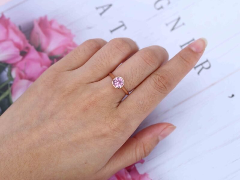 Round Cut Bezel Pink Sapphire Engagement Ring Unique Pink Sapphire Ring Solitaire Wedding Ring Art Deco Minimalist Ring Promise Gifts