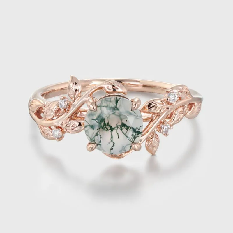 Round Cut Green Moss Agate Ring Vintage Rose Gold Leaf Nature Inspired Unique Engagement Ring Five Stone Diamond Bridal Wedding Ring Women