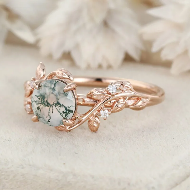 Round Cut Green Moss Agate Ring Vintage Rose Gold Leaf Nature Inspired Unique Engagement Ring Five Stone Diamond Bridal Wedding Ring Women